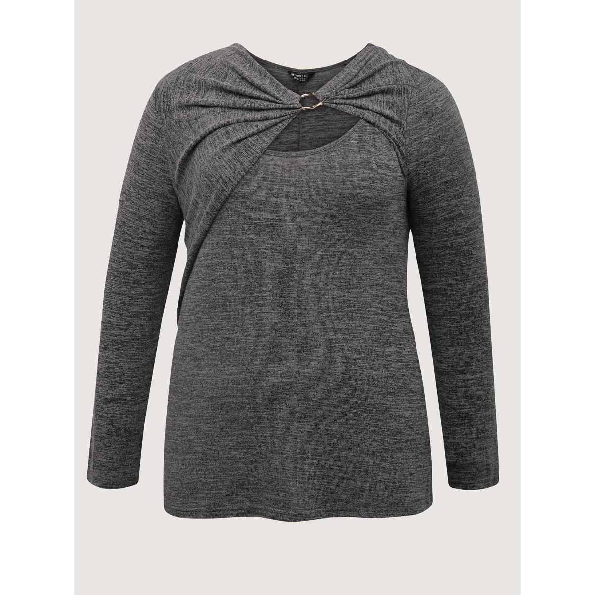 Plus Size Heather Metal Detail Ruched T-Shirt Black Women Leisure Asymmetrical Asymmetrical Neck Casual T-shirts BloomChic 10/M Product Image