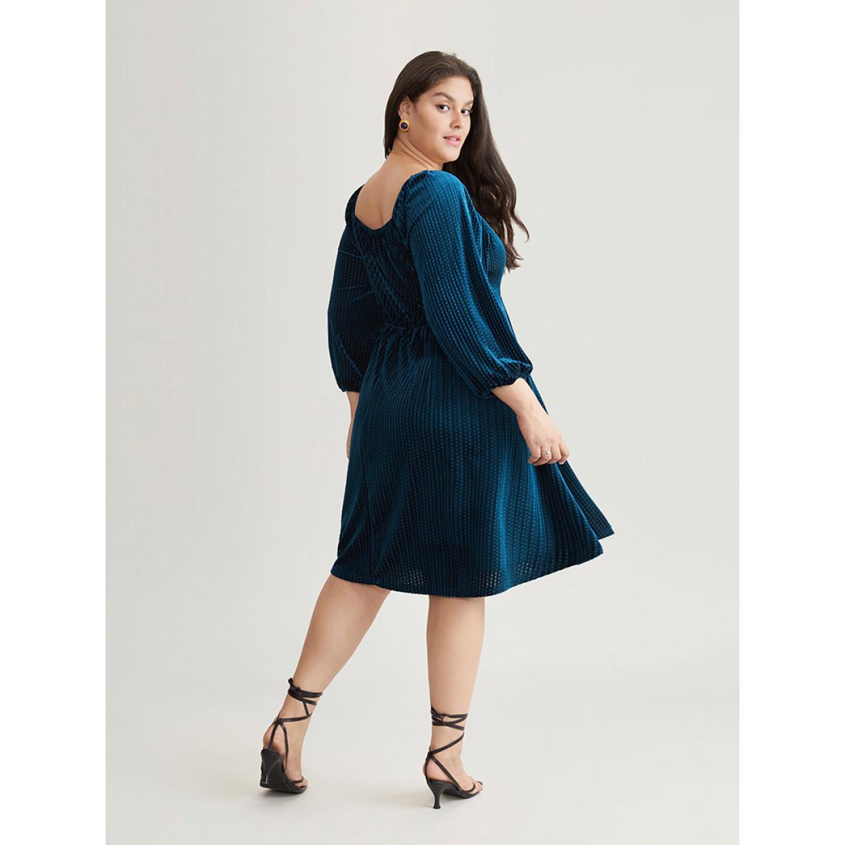 Plus Size Velvet Plisse Pocket Square Neck Dress Indigo Women Elegant Velvet Square Neck Long Sleeve Curvy Midi Dress BloomChic 30/6X Product Image