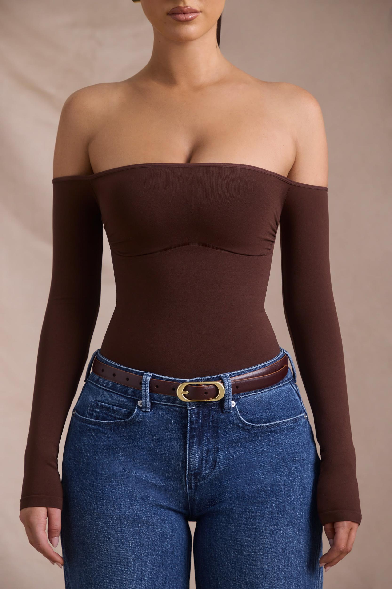 Seamless Off-Shoulder Long-Sleeve Bodysuit in Espresso Product Image