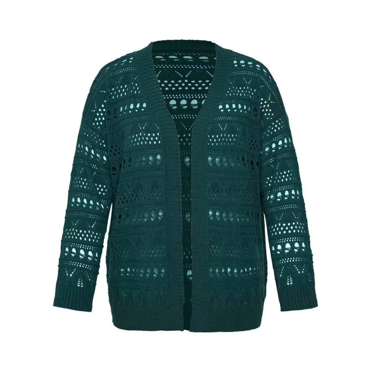 Plus Size Geometric Eyelet Open Front Loose Cardigan Cyan Women Casual Loose Long Sleeve Office Cardigans BloomChic 14-16/1X Product Image