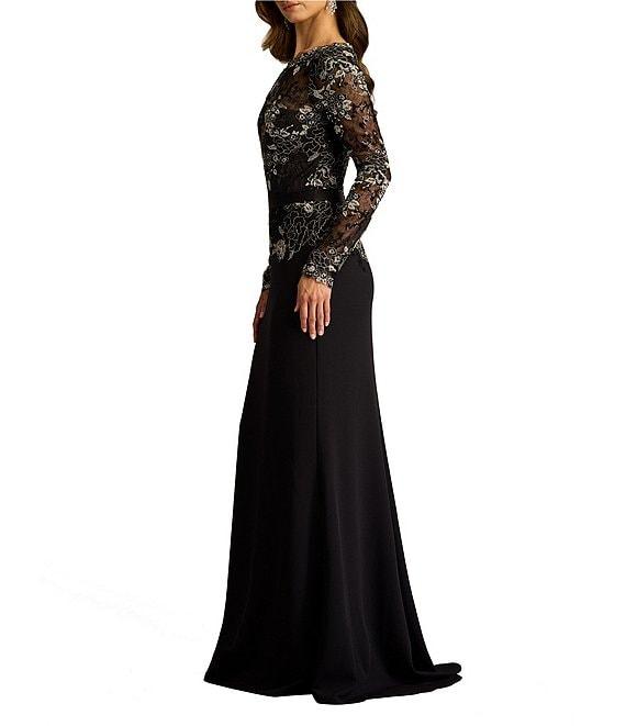 Tadashi Shoji Illusion Long Sleeve Embroidery Lace Crepe Aline Gown Product Image