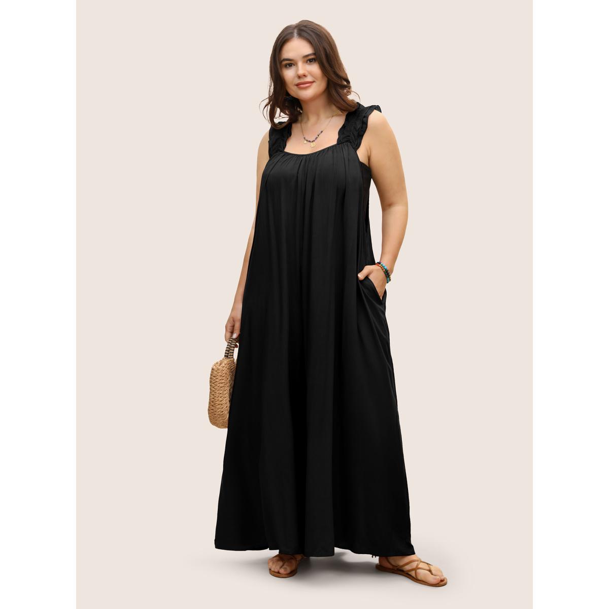 Plus Size Black Rayon Ruffle Trim Gathered Tie Knot Jumpsuit Women Resort Sleeveless V-neck Vacation Loose Jumpsuits BloomChic 28/5X Product Image