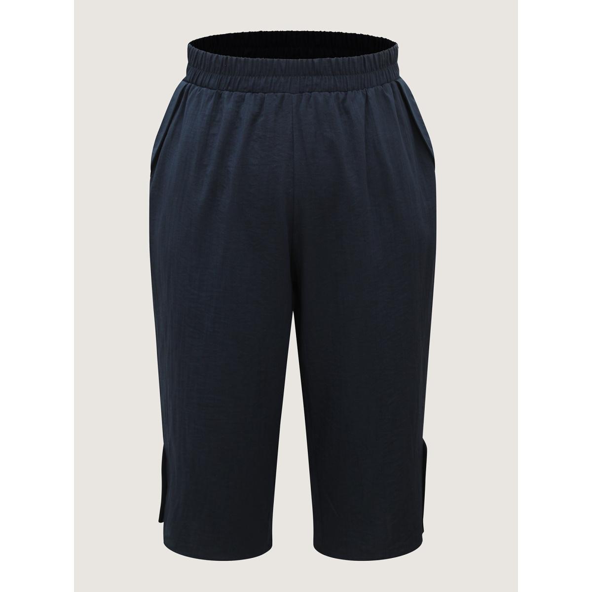 Plus Size Button Hem Straight-Leg Crop Pants Women Midnight Leisure Straight Leg Mid Rise Casual Pants BloomChic 22-24/3X Product Image