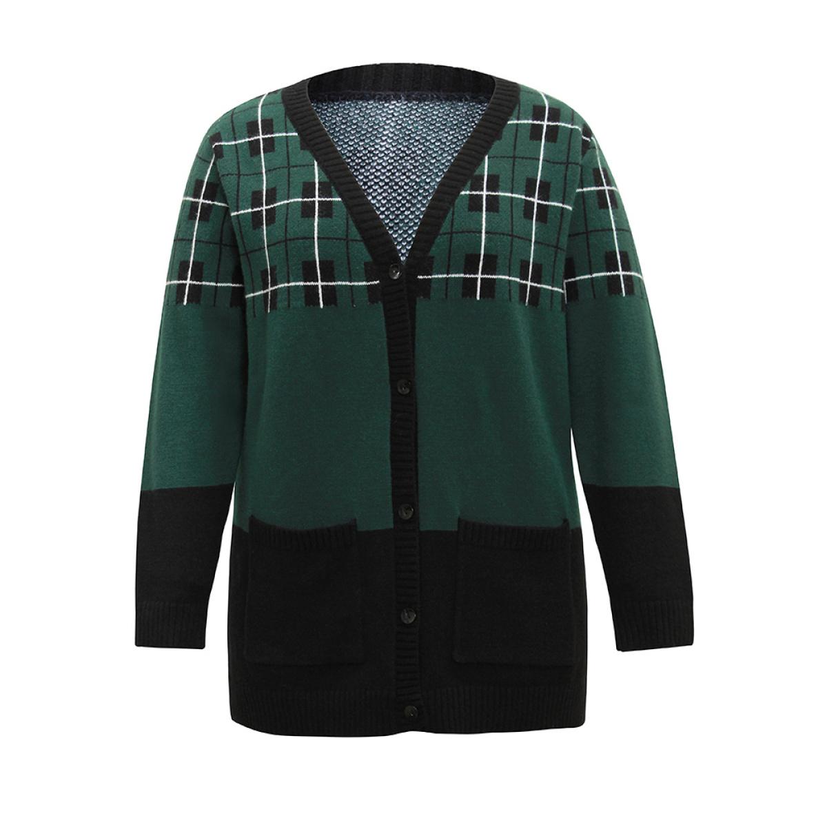 Plus Size Supersoft Essentials Plaid Geometric Contrast Pocket Cardigan DarkGreen Women Casual Loose Long Sleeve Dailywear Cardigans BloomChic 26/4X Product Image