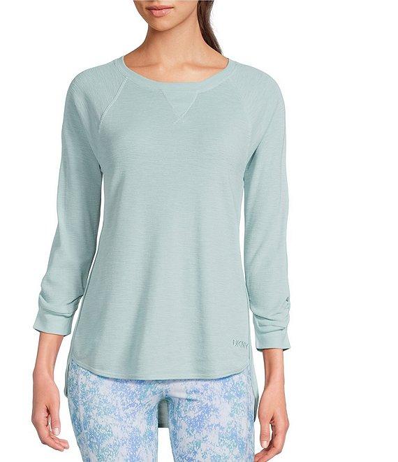 DKNY Sport by Donna Karan Mini Slub Waffle Knit Crew Neck 3/4 Ruched Sleeve Tee Product Image