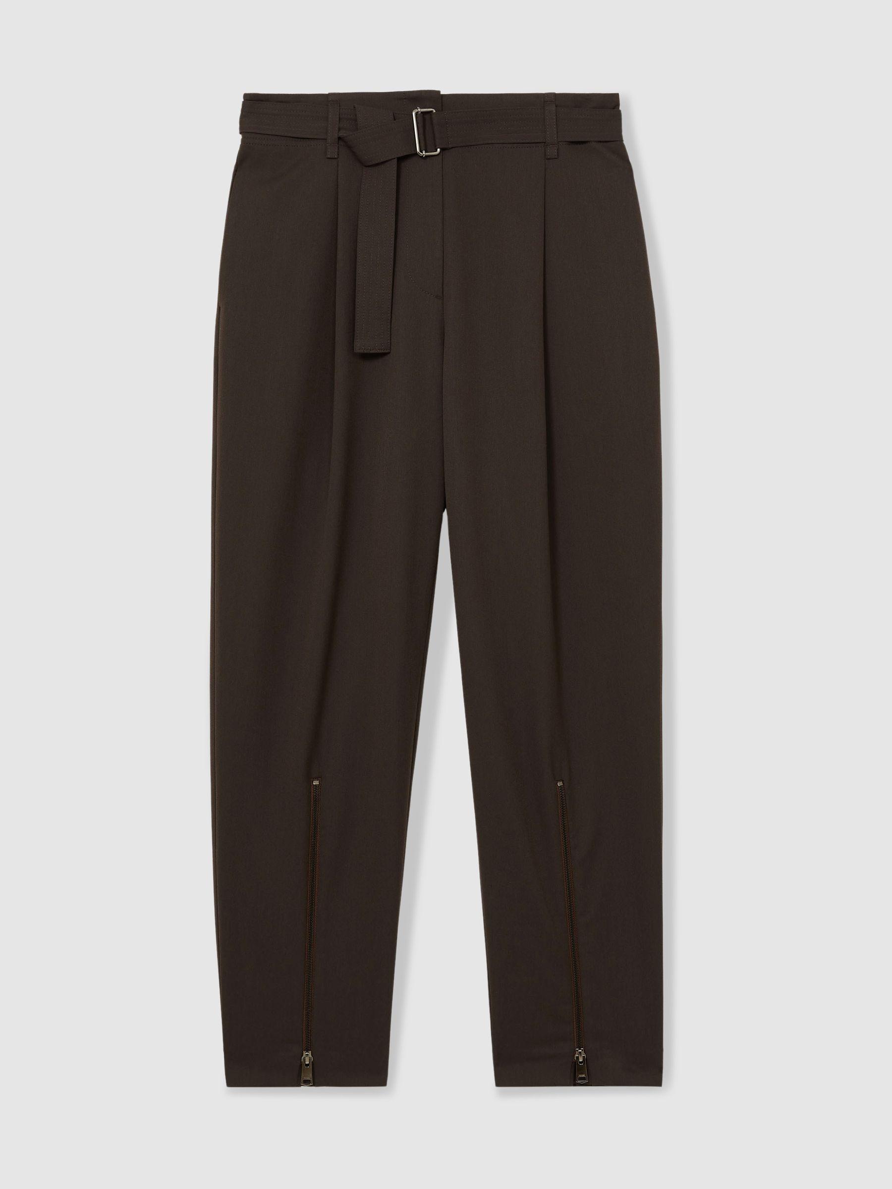 Belted Zip-Leg Tapered Trousers in Chocolate Brown Product Image