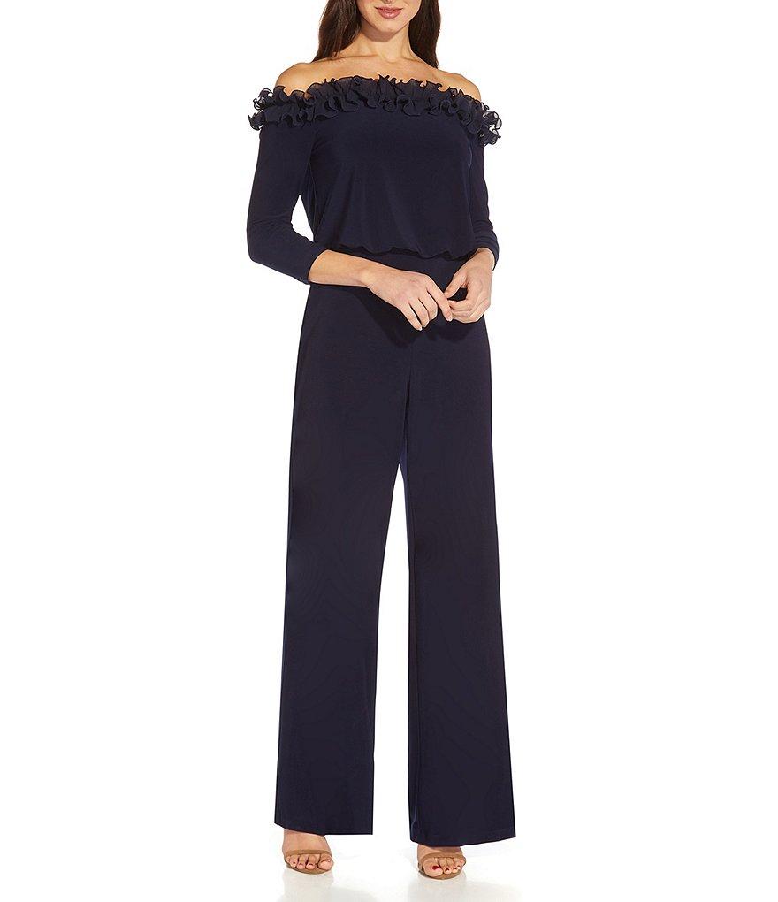 Adrianna Papell Ruffle Off-the-Shoulder 3/4 Sleeve Jersey Jumpsuit Product Image
