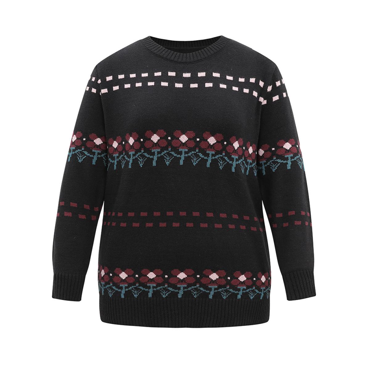 Plus Size Supersoft Essentials Floral Jacquard Split Side Pullover Black Women Casual Loose Long Sleeve Round Neck Dailywear Pullovers BloomChic 18-20/2X Product Image