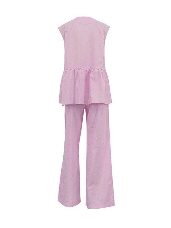 Loose Split-Joint Sleeveless Pleated V-Neck Vest + Pants Trousers Two Pieces Set Product Image