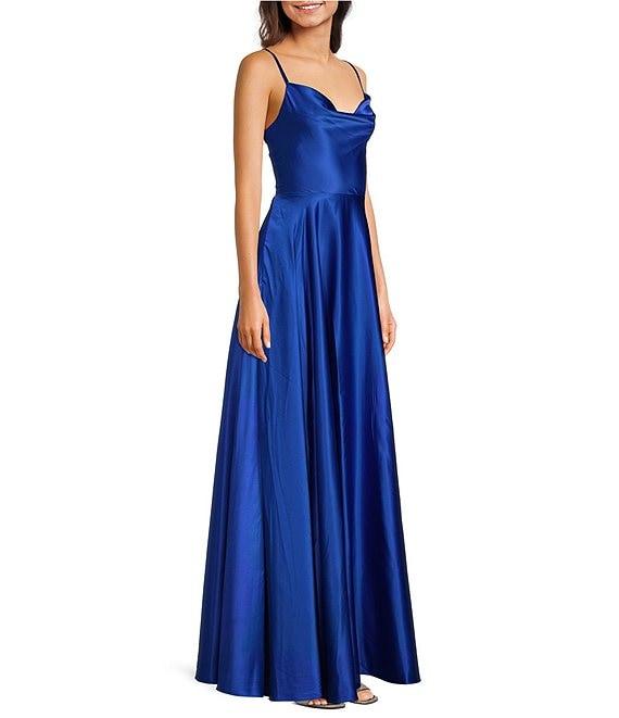 B. Darlin Cowl Neck Spaghetti Strap Lace Up Back Side Slit Dress Product Image