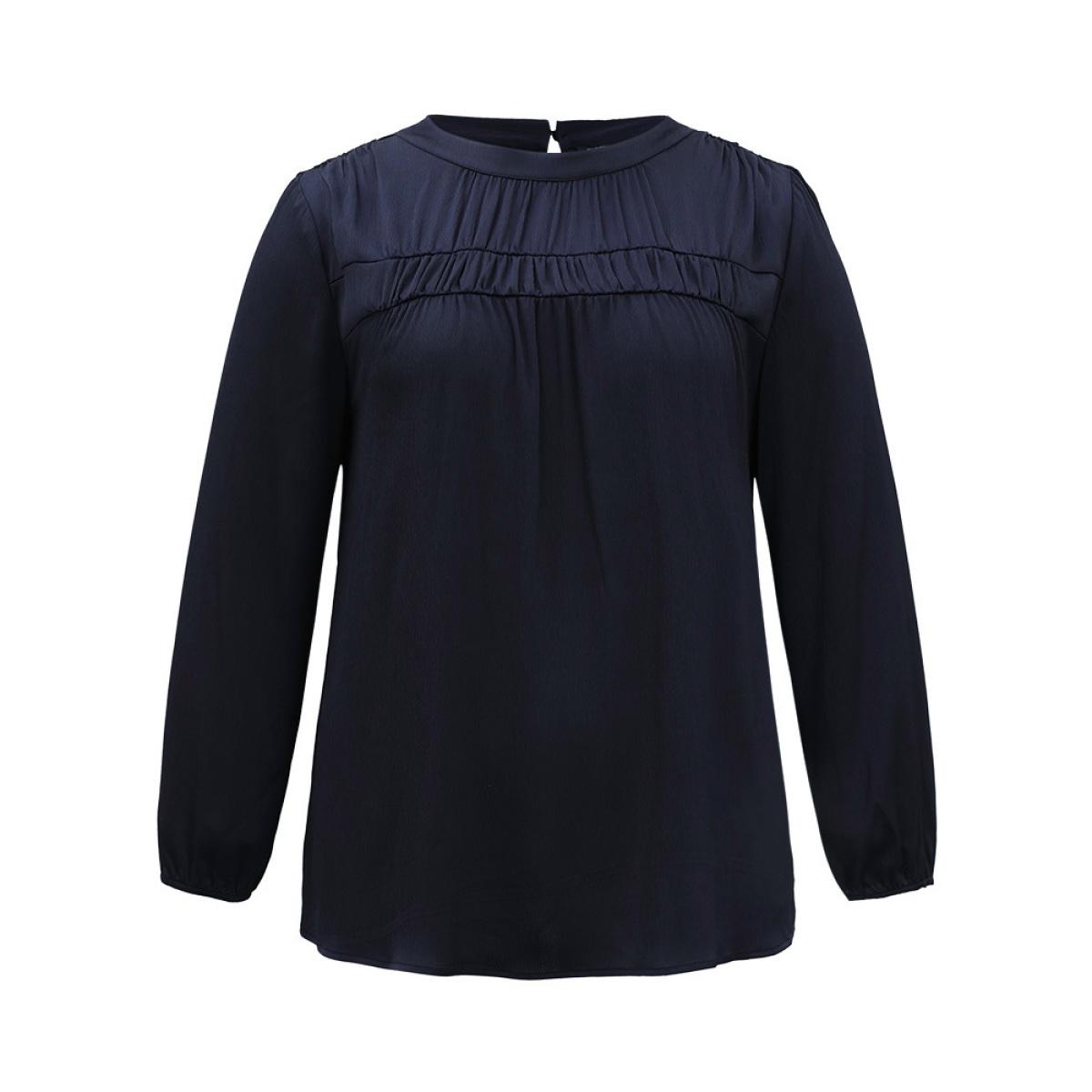 Plus Size Indigo Static-Free Plain Gathered Blouse Women Office Long Sleeve Round Neck Office Blouses BloomChic 22-24/3X Product Image