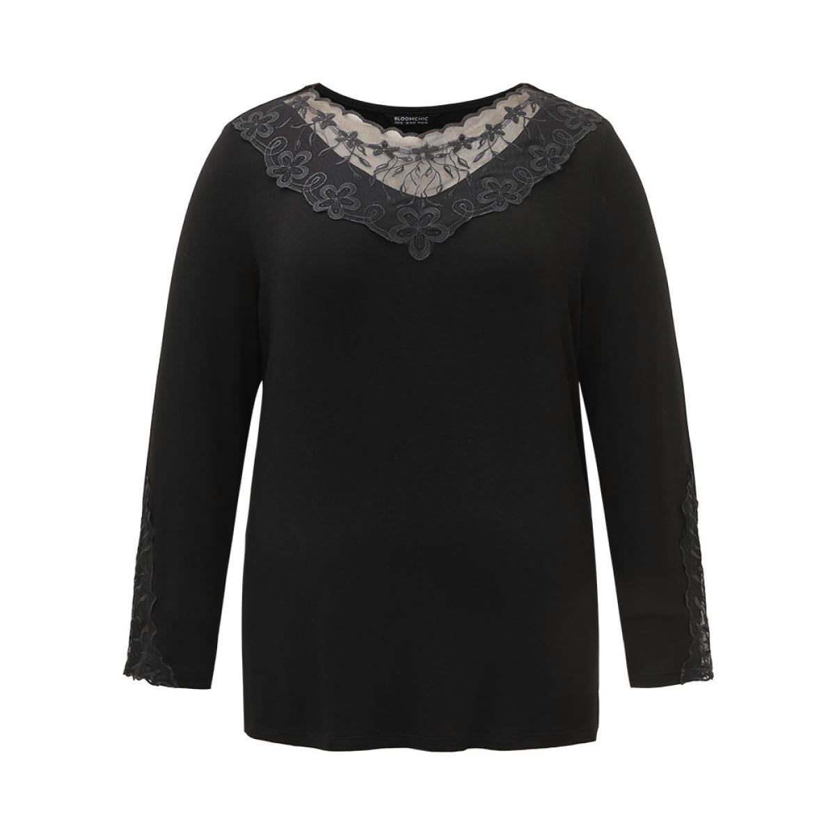 Plus Size Halloween Plain Crochet Lace Mesh T-shirt Black Women Elegant Plain Plain Round Neck Dailywear T-shirts BloomChic 12/L Product Image