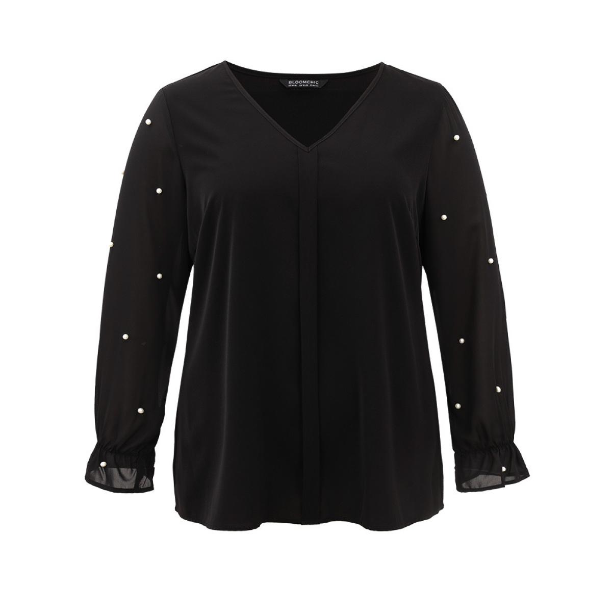 Plus Size Black Pearl Beaded Mesh Patchwork Ruffles Blouse Women Timeless Long Sleeve V-neck Elegant Blouses BloomChic 12/L Product Image