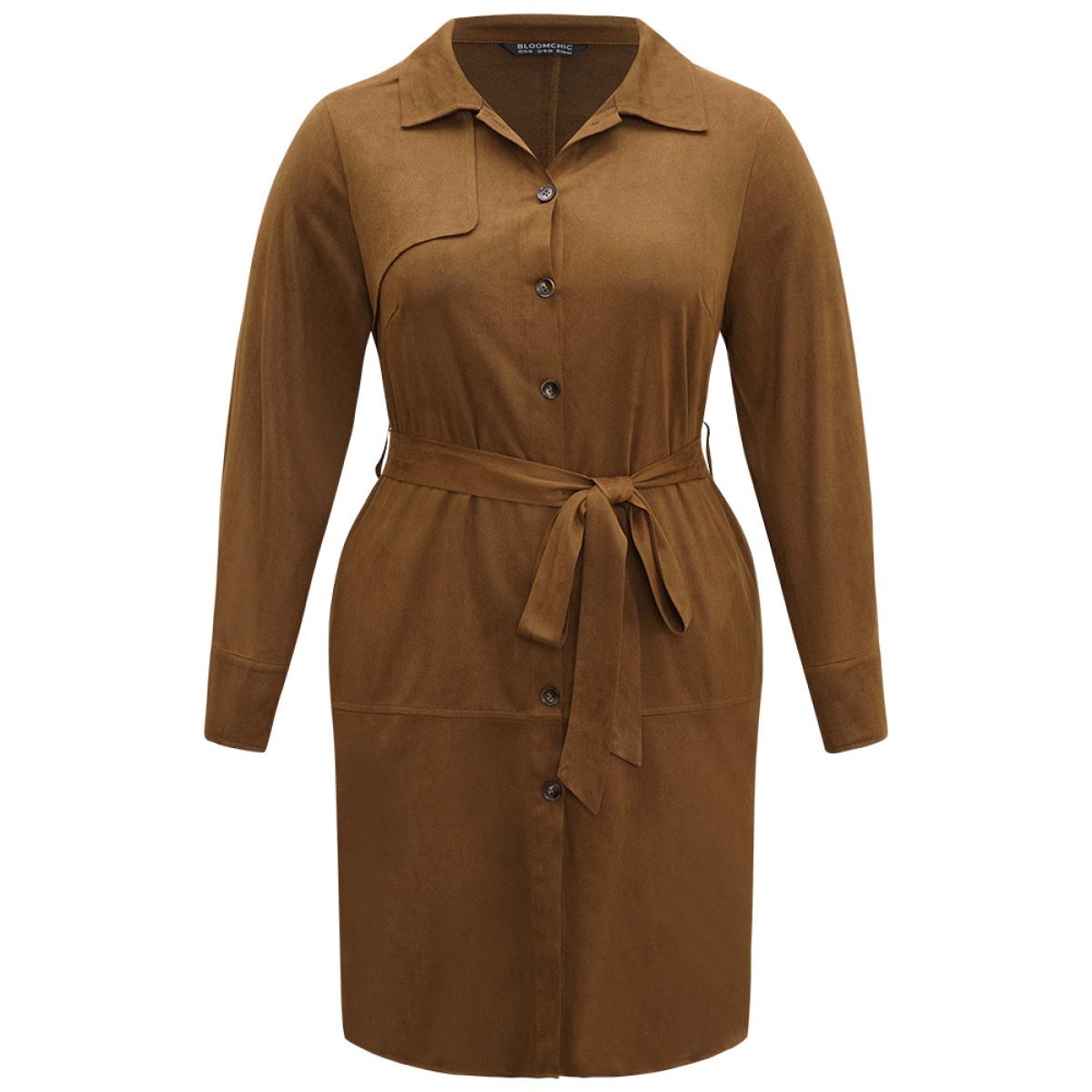 Plus Size Plain Split Hem Button Through Belted Dress Bronze Women Office Plain Shirt collar Long Sleeve Curvy Knee Dress BloomChic 28/5X Product Image