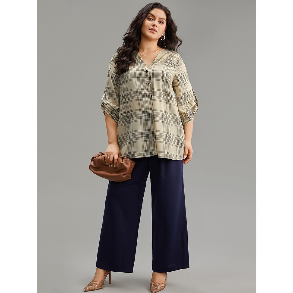 Plus Size Beige Plaid Button Through Roll Tab Sleeve Blouse Women Office Half Sleeve V-neck Work Blouses BloomChic 28/5X Product Image