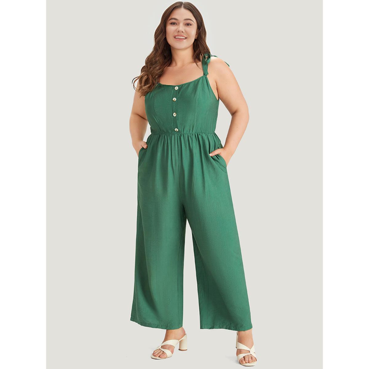 Plus Size Green Solid Button Detail Pocket Elastic Waist Knotted Shoulder Jumpsuit Women Elegant Sleeveless Spaghetti Strap Dailywear Loose Jumpsuits BloomChic 30/6X Product Image