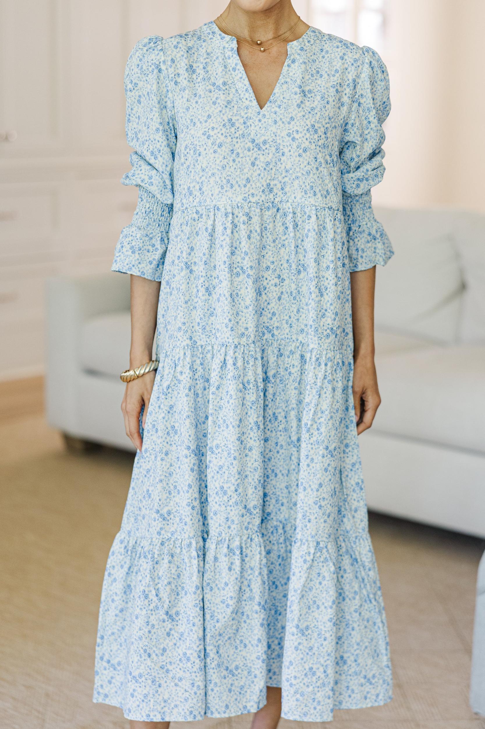 NURSING COLLECTION: What A Surprise Blue Ditsy Floral Tiered Midi Dress Female Product Image
