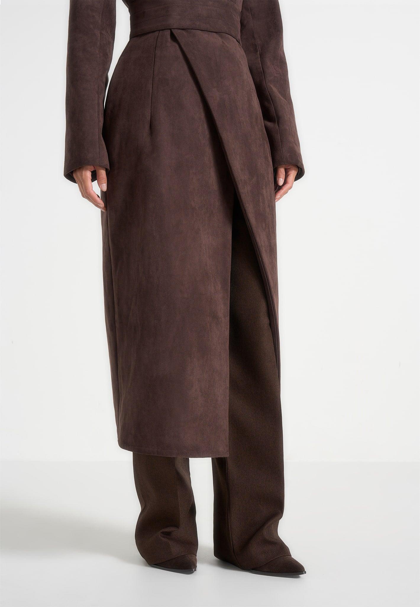 Esma - Suede Asymmetric Coat with Cinch Belt - Brown Female Product Image