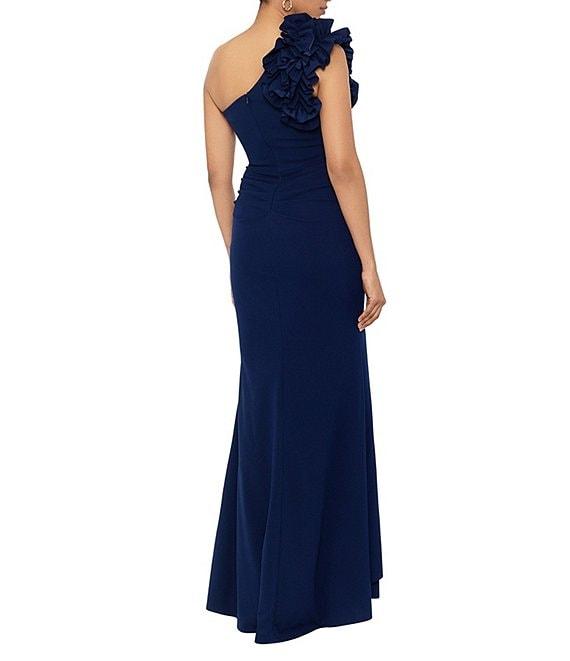 Xscape Petite Size Sleeveless Ruffled One Shoulder Scuba Crepe Sheath Gown Product Image