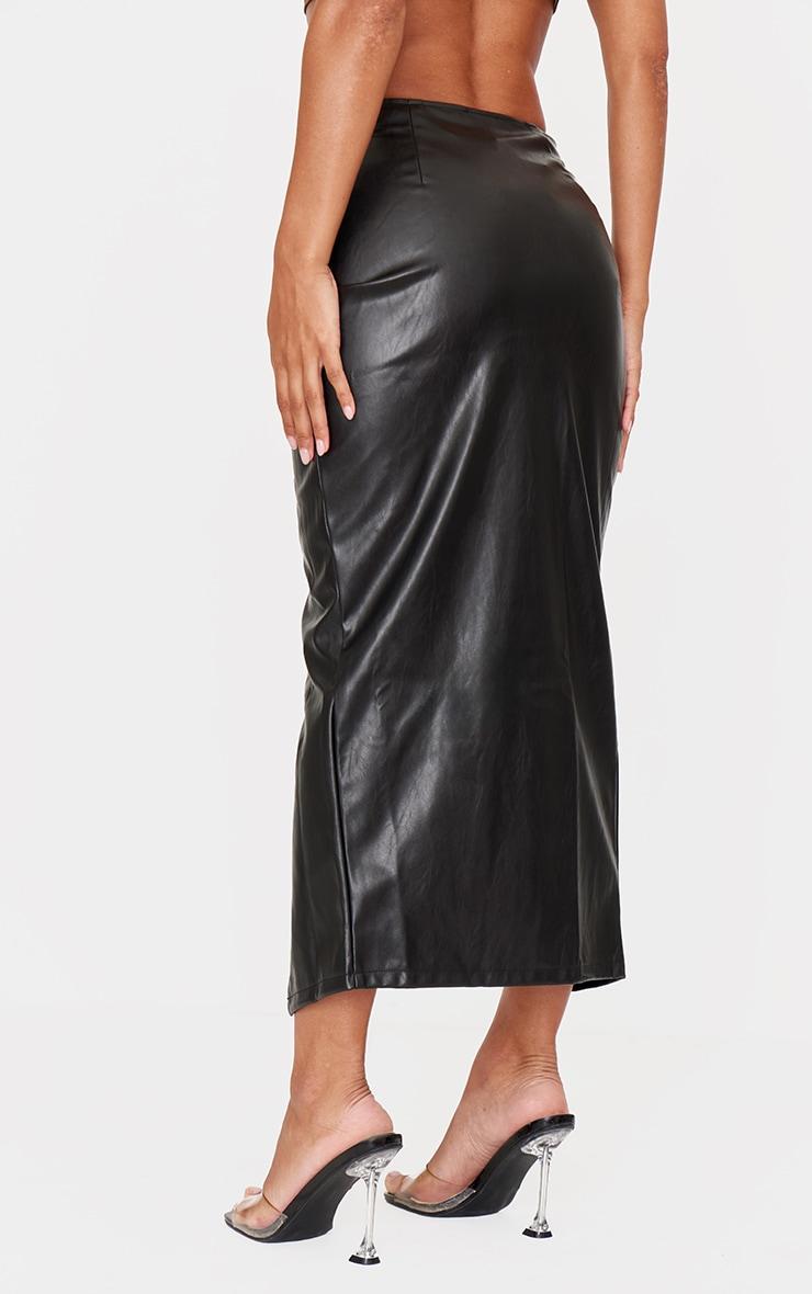 Black Faux Leather Twist Detail Front Midi Skirt Product Image