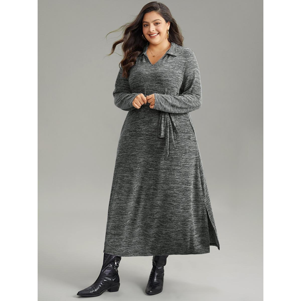 Plus Size Solid Pocket Elastic Waist Ties Split Hem Dress DimGray Women Casual Plain Lapel Collar Long Sleeve Curvy Midi Dress BloomChic 14-16/1X Product Image