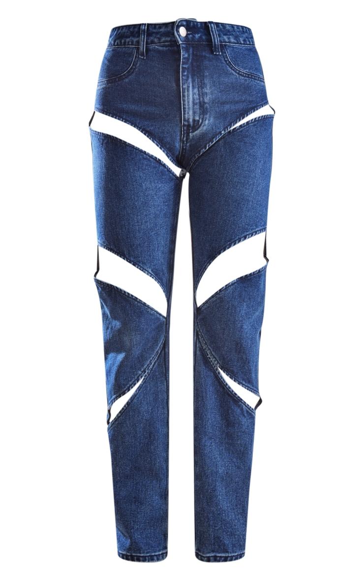 Dark Blue Wash Cut Out Thigh Straight Leg Jeans Product Image