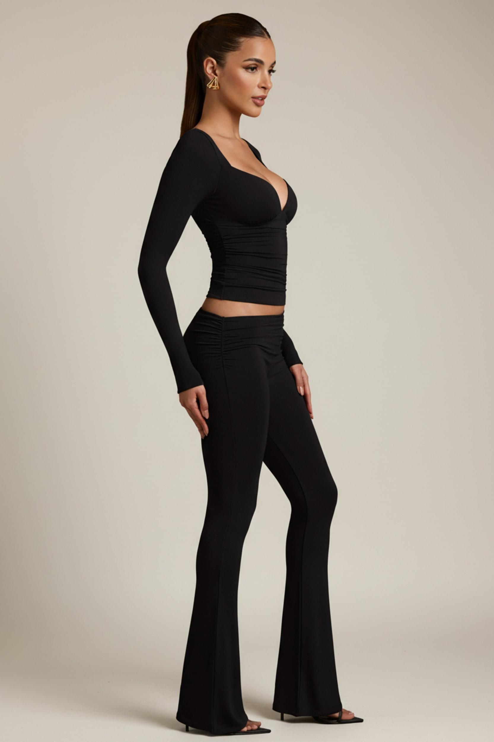 Modal Asymmetric-Waist Flared Trousers in Black Product Image