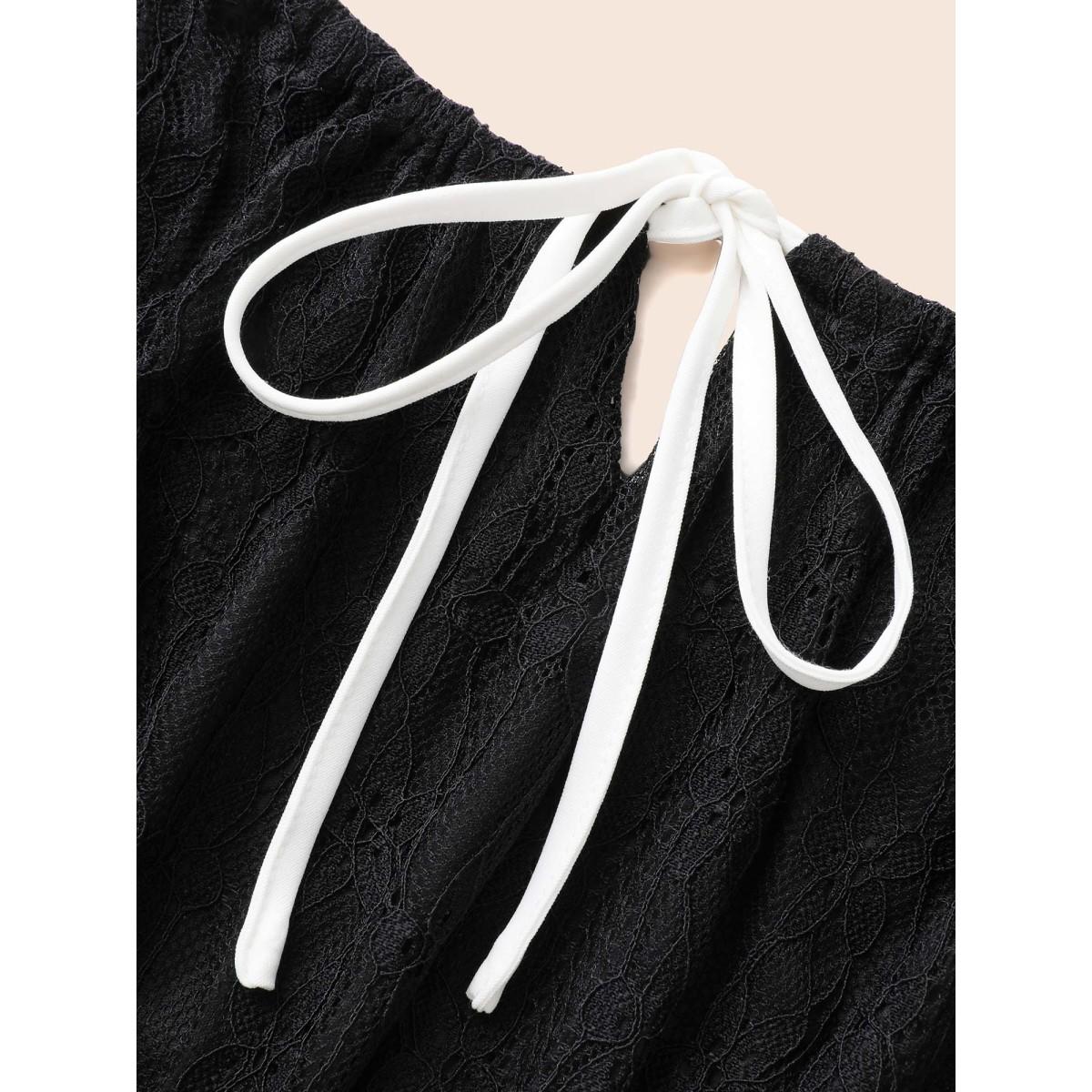 Plus Size Contrast Tie Knot Lace Panel Cami Dress Black Women Elegant Woven ribbon&lace trim Square Neck Sleeveless Curvy BloomChic 14-16/1X Product Image