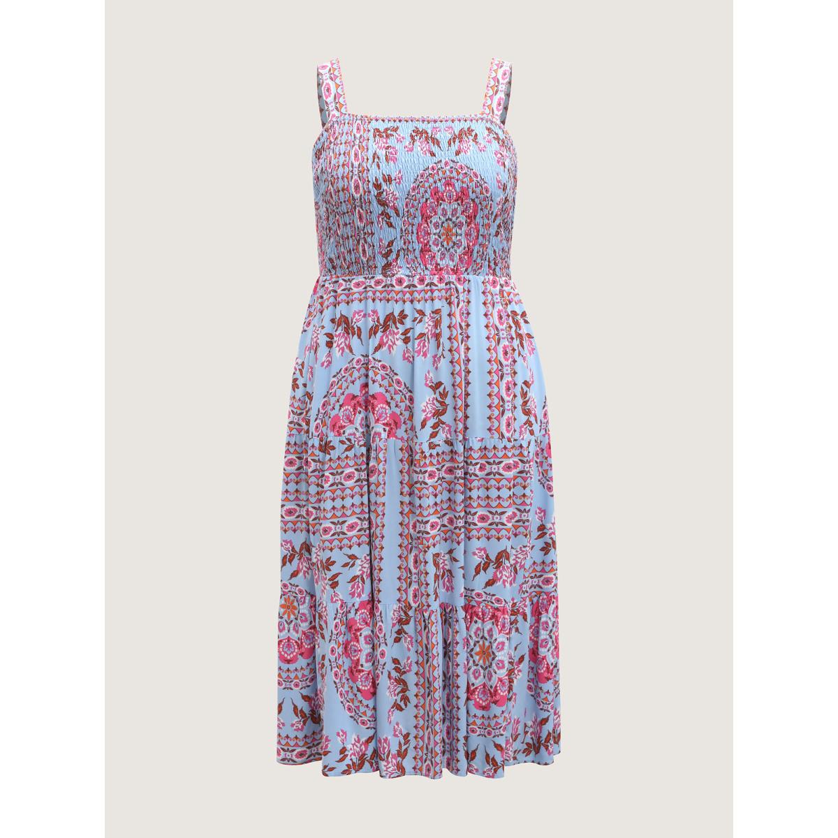 Plus Size Rayon Floral Print Shirred Pockets Midi Dress Stone Women Square Neck Sleeveless Curvy BloomChic 30/6X Product Image