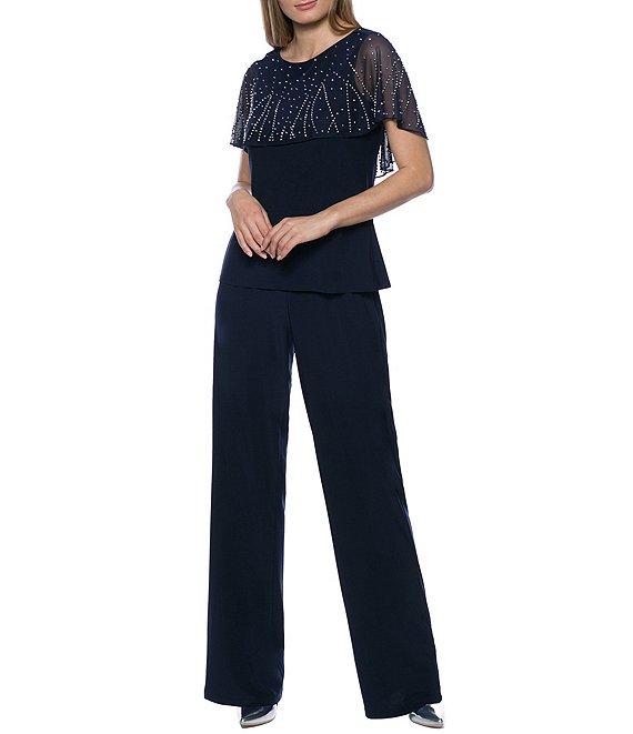 Marina Beaded Short Capelet Sleeve Round Neck Matte Jersey 2-Piece Pant Set Product Image
