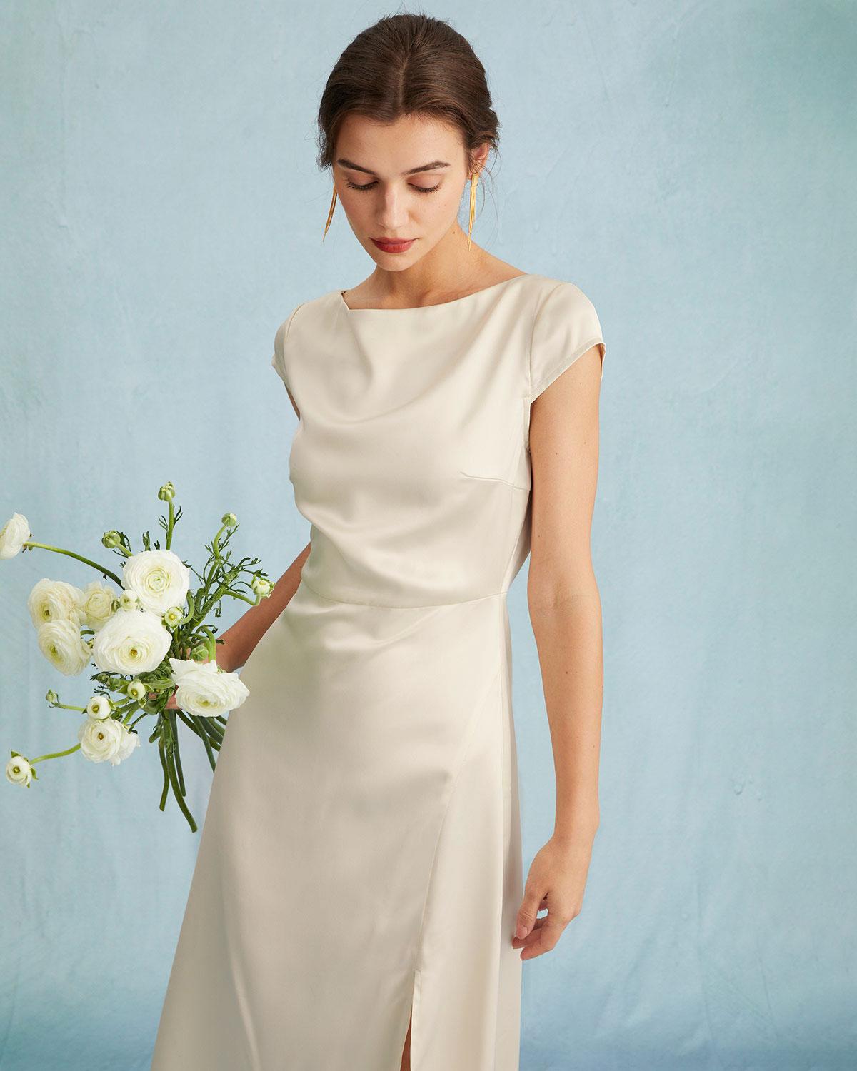 The Apricot Satin Cap Sleeve Sheath Slit Midi Dress Product Image