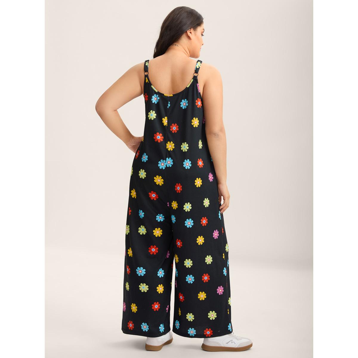 Plus Size Black Colorful Polka Dots Straight-Leg Jumpsuit Women Sleeveless Round Neck Everyday-Casual Loose Jumpsuits BloomChic 12/L Product Image
