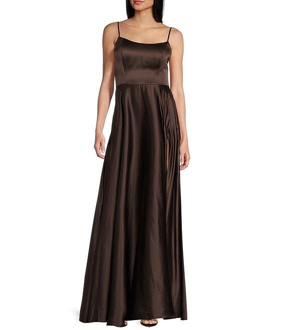 B. Darlin Satin Scoop Neck Spaghetti Strap Lace-Up Back Side Slit A-Line Dress Product Image