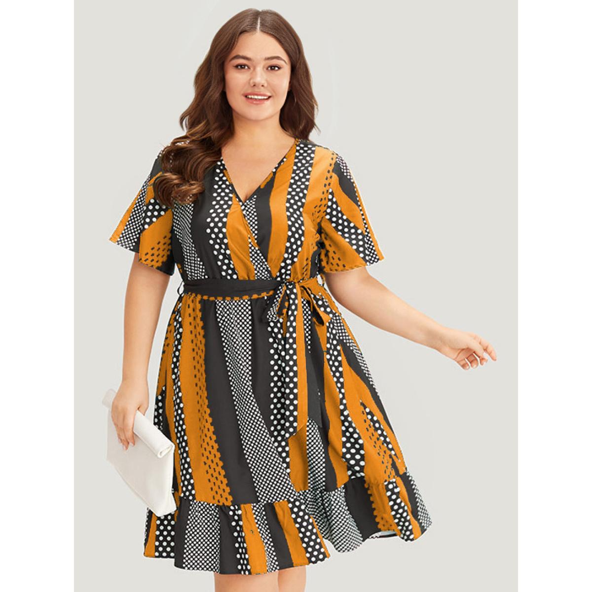 Plus Size Striped & Polka Dot Graphic Pocket Ruffle Wrap Dress Orange Women Office Wrap V-neck Short sleeve Curvy Knee Dress BloomChic 14-16/1X Product Image