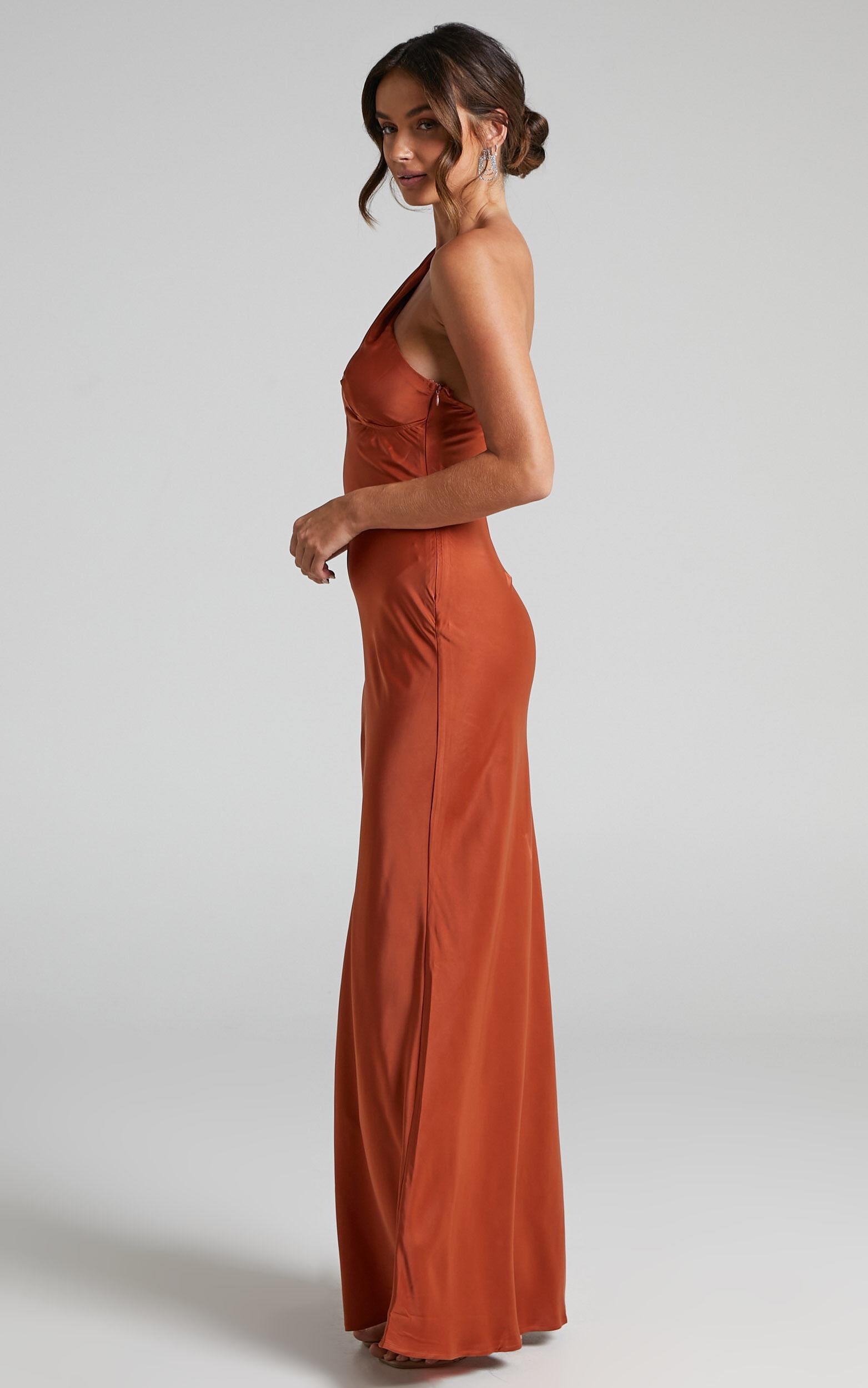 Elzales Midi Dress - One Shoulder Beaded Strap Satin Dress in Rust Product Image