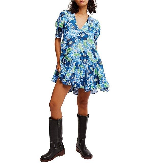 Free People Moon Chaser Floral Printed V-Neck Short Sleeve Mini Babydoll Dress Product Image