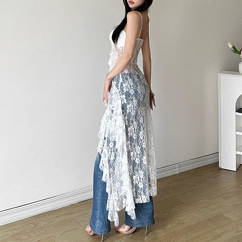 Spaghetti Strap Lace Panel Ruffled Asymmetric-Hem Mini Dress Product Image