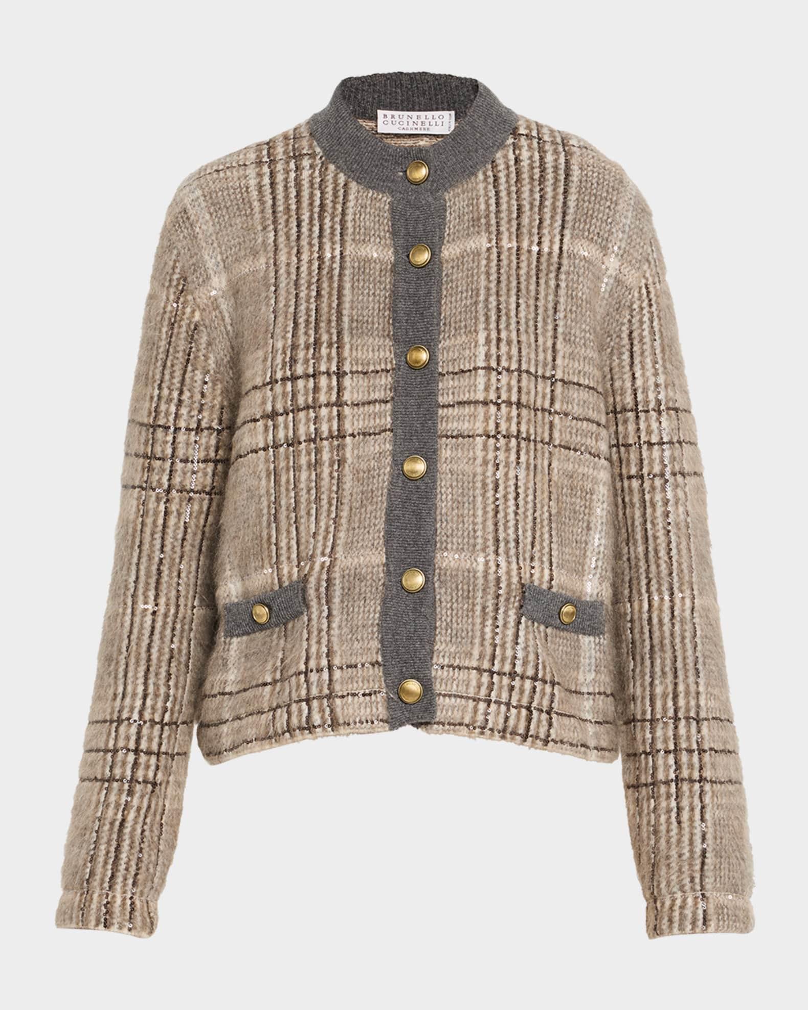 Cashmere-Mohair Paillette Check Jacquard Cardigan Product Image
