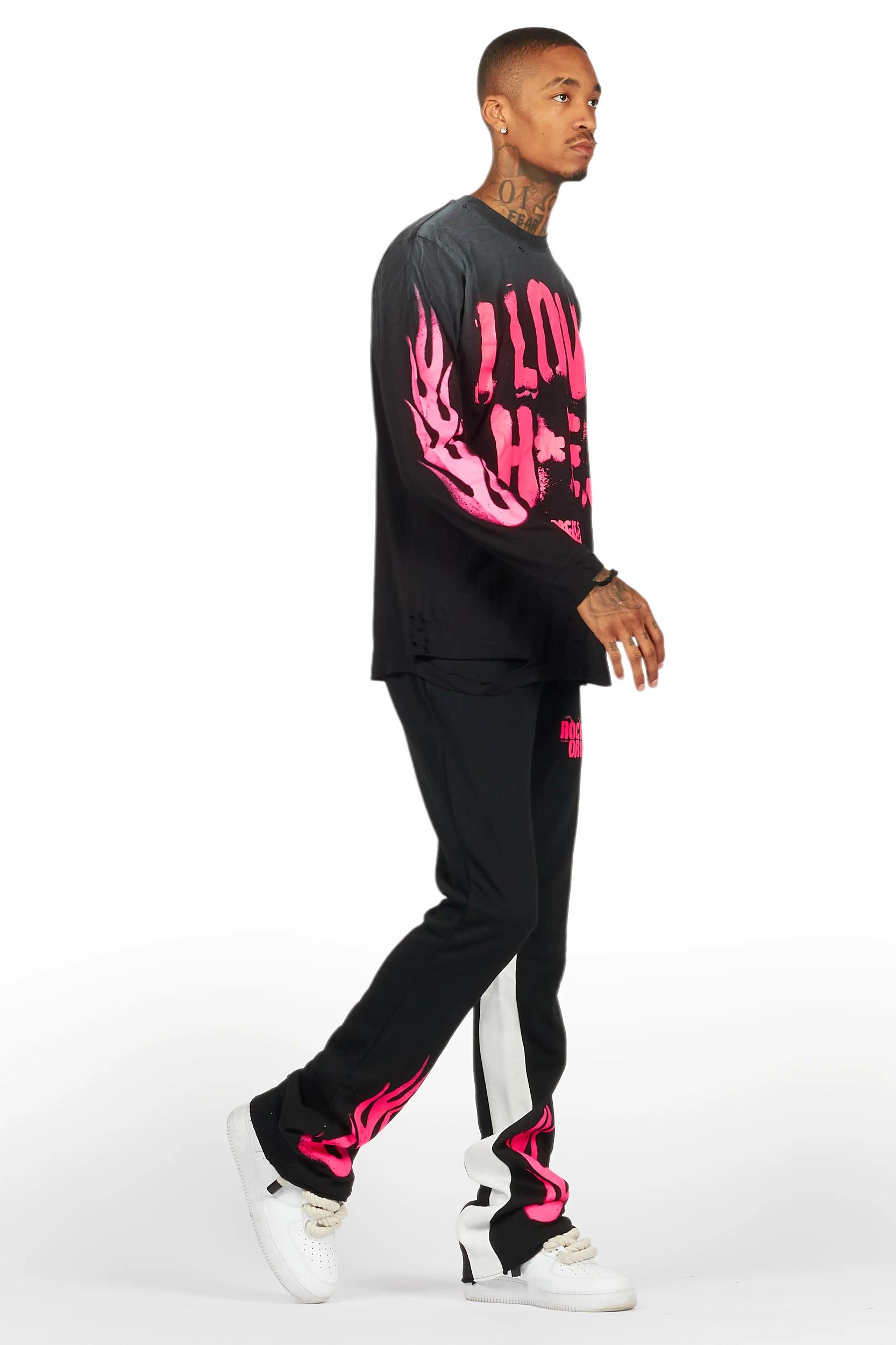 Banyan Black/Pink Long Sleeve T-Shirt/Stacked Baggy Track Pant Set Male Product Image