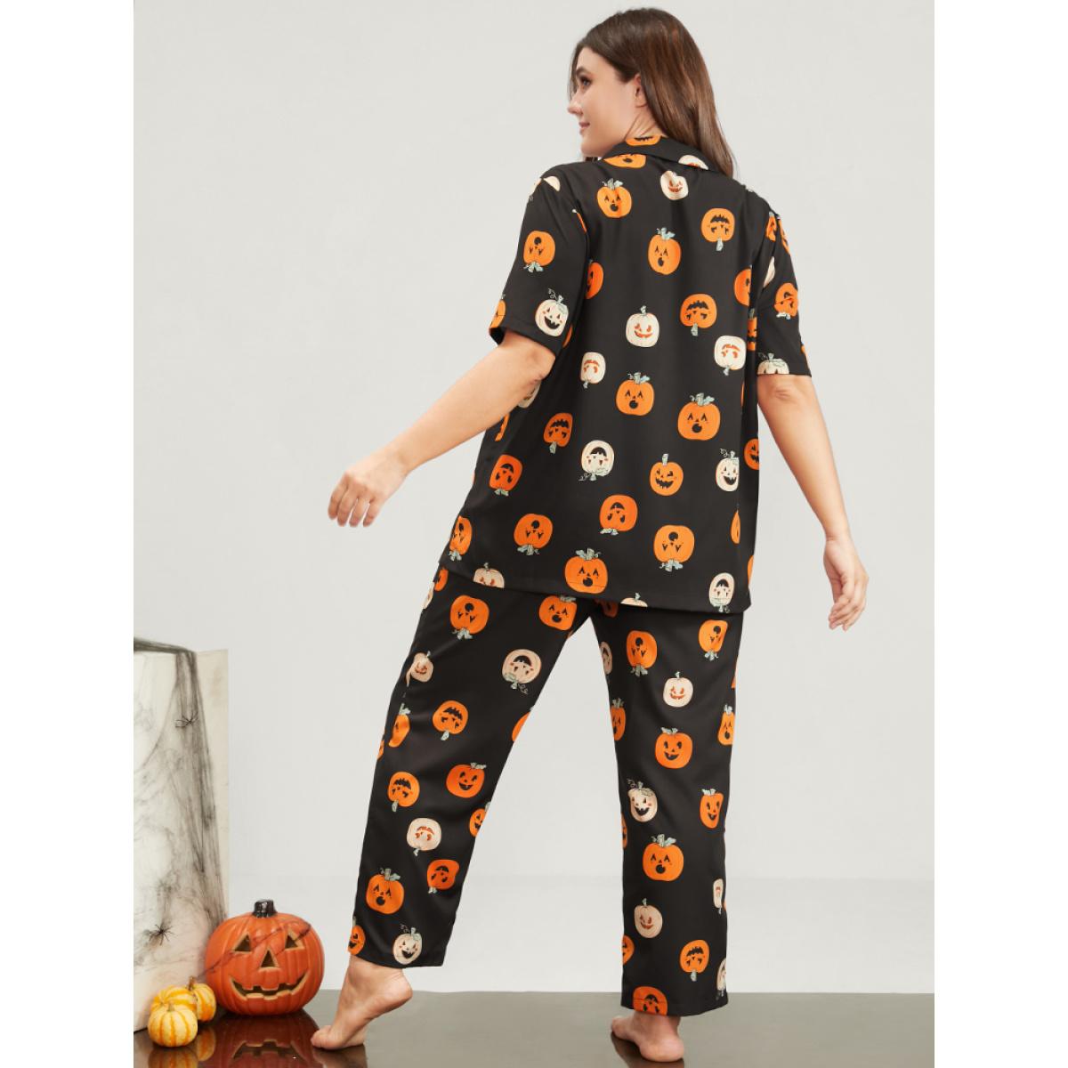 Plus Size Halloween Pumpkin Print Lapel Collar Button Pajama Set Women Black Graphic-Halloween Printed Short sleeve Lapel Collar Casual Loungewear Sets BloomChic 28/5X Product Image