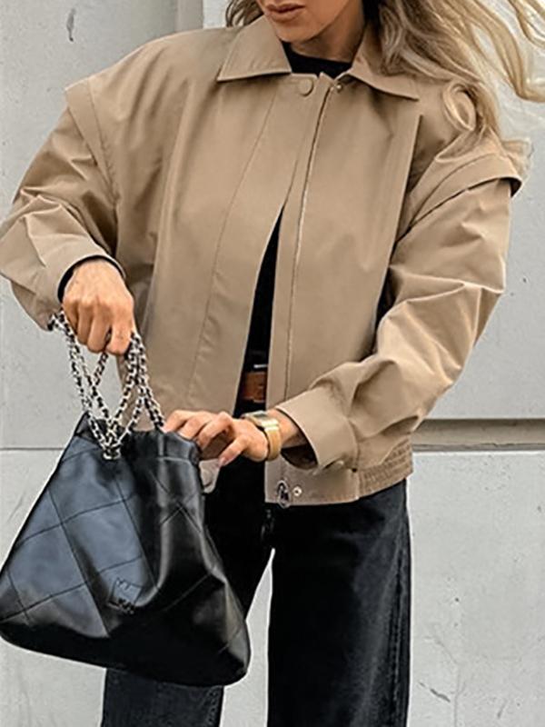 Long Sleeves Loose Buttoned Elasticity Solid Color Zipper Lapel Jackets Outerwear Product Image