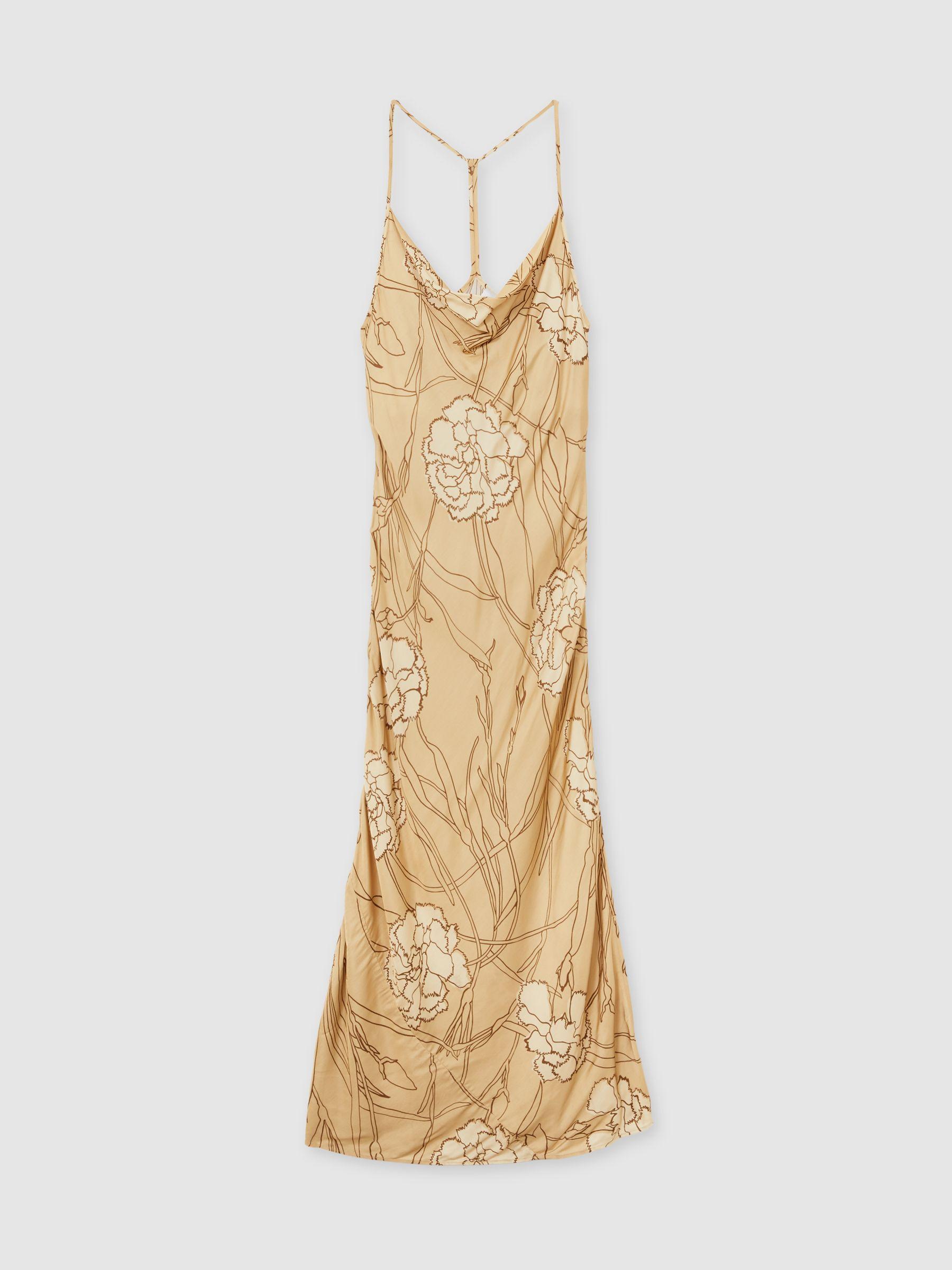 Satin Floral-Print Slip Maxi Dress in Gold Product Image