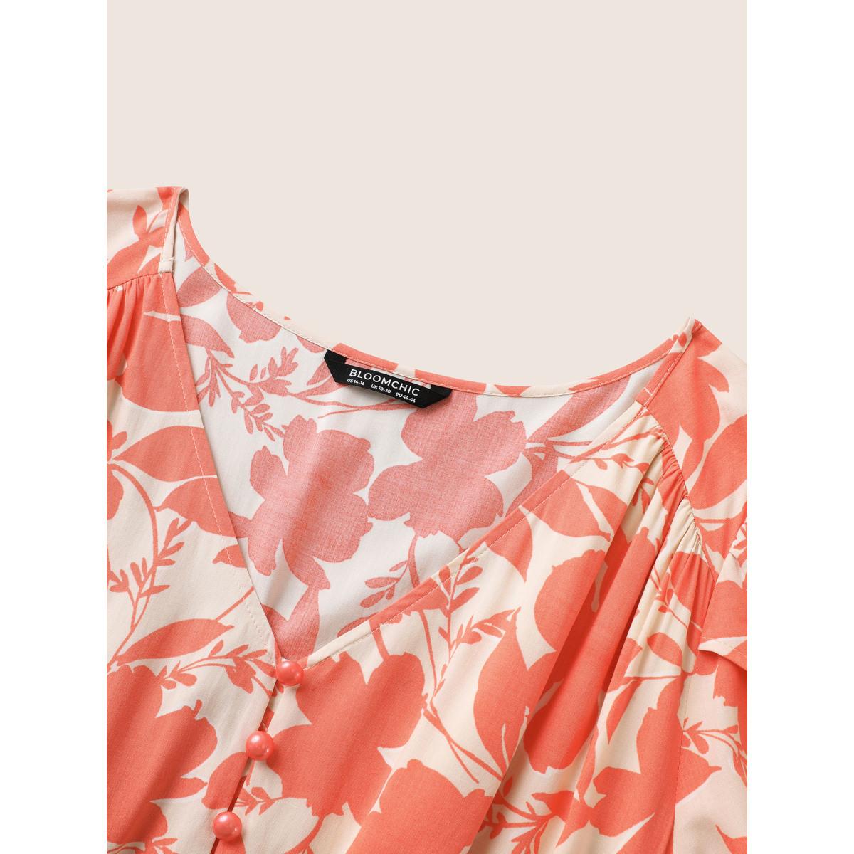 Plus Size Silhouette Floral Print Lace Trim Petal Sleeve Dress Salmon Women Resort Overlapping V-neck Cap Sleeve Curvy Midi Dress BloomChic 26/4X Product Image