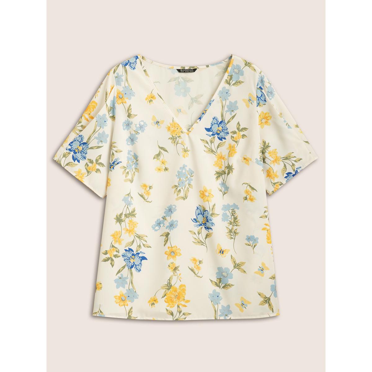 Plus Size Lemonyellow Floral & Butterfly V Neck Bishop Sleeve Blouse Women Elegant Half Sleeve V-neck Everyday Blouses BloomChic 14-16/1X Product Image
