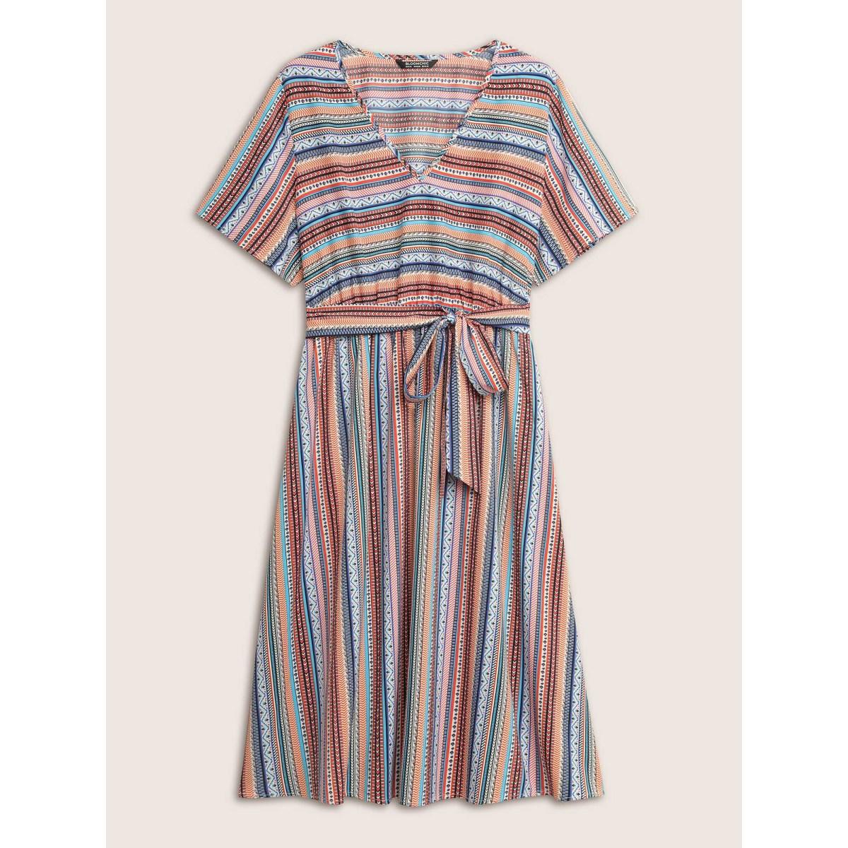 Plus Size Bandana Striped Belted Pocket Dress Orange Women Resort Non V-neck Short sleeve Curvy Midi Dress BloomChic 12/L Product Image