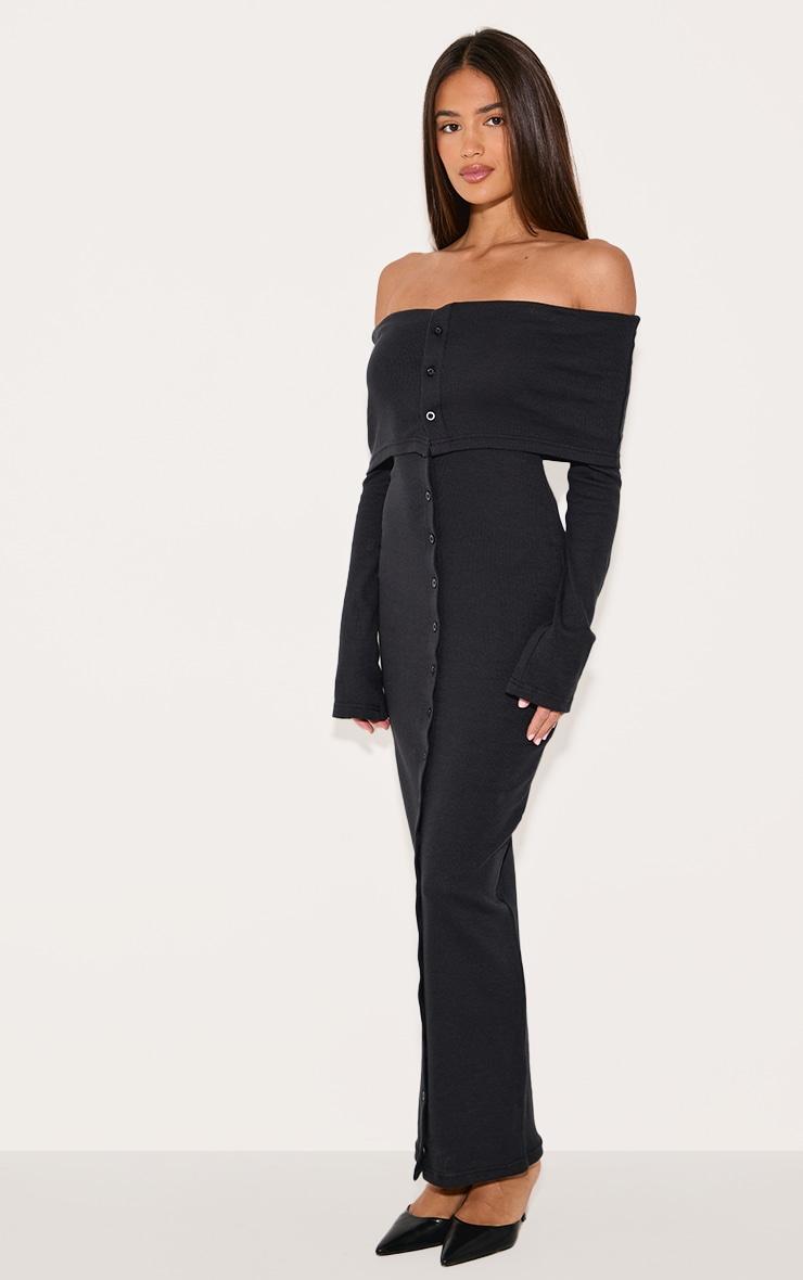 Black Rib Fold Over Bardot Button Maxi Dress Product Image