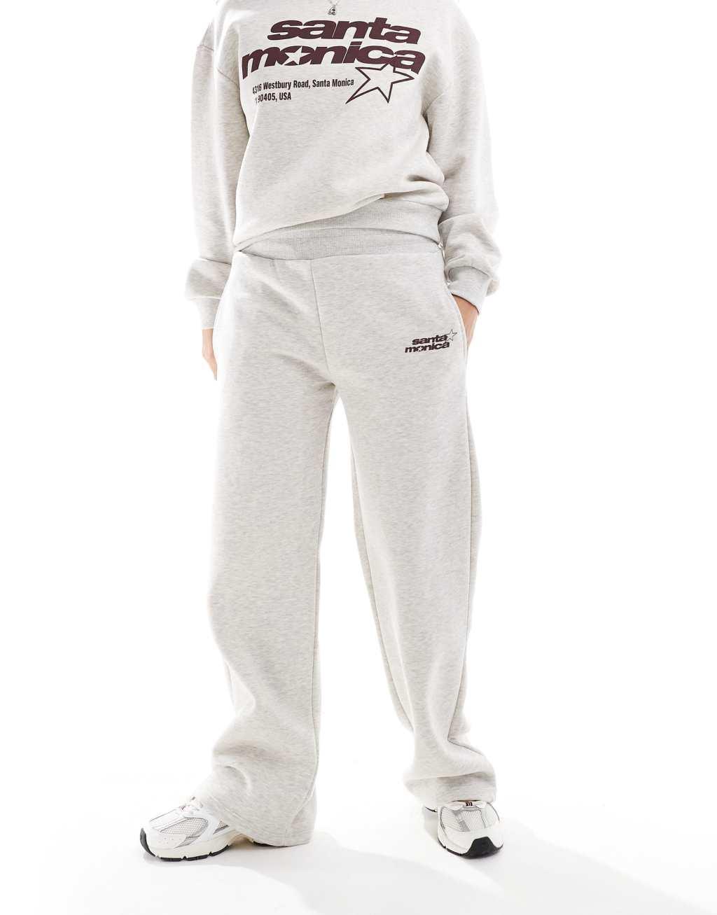 Pull&Bear 'Santa Monica' graphic wide leg sweatpants in gray heather - part of a set Product Image