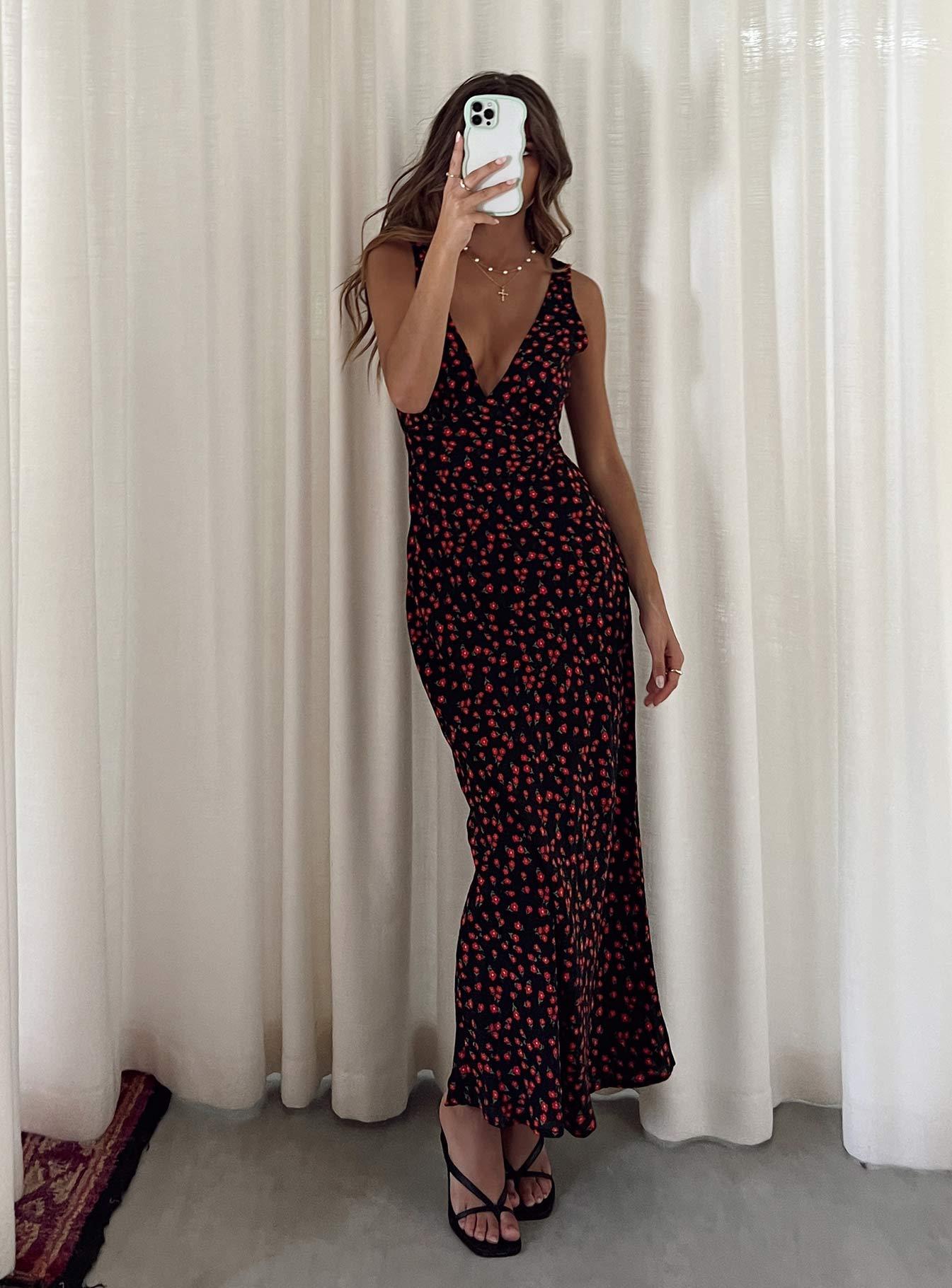 Nellie Maxi Dress Black/Red Floral Product Image