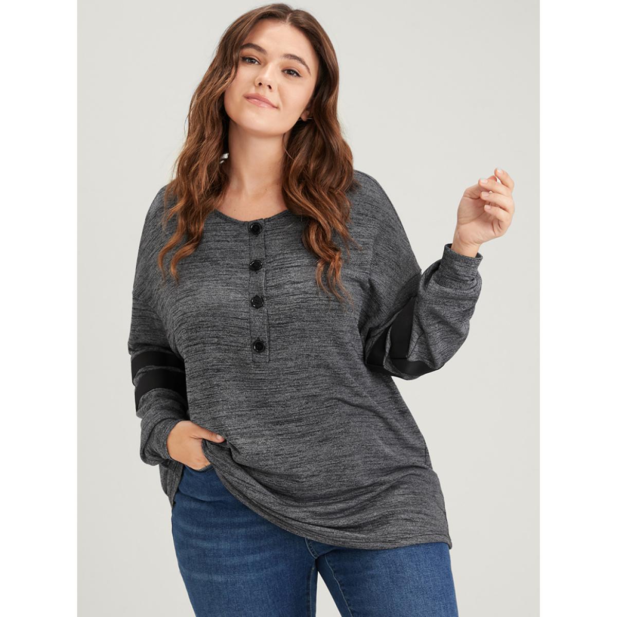 Plus Size Plain Contrast Button Up Round Neck Sweatshirt Women DimGray Casual Contrast Round Neck Dailywear Sweatshirts BloomChic 22-24/3X Product Image
