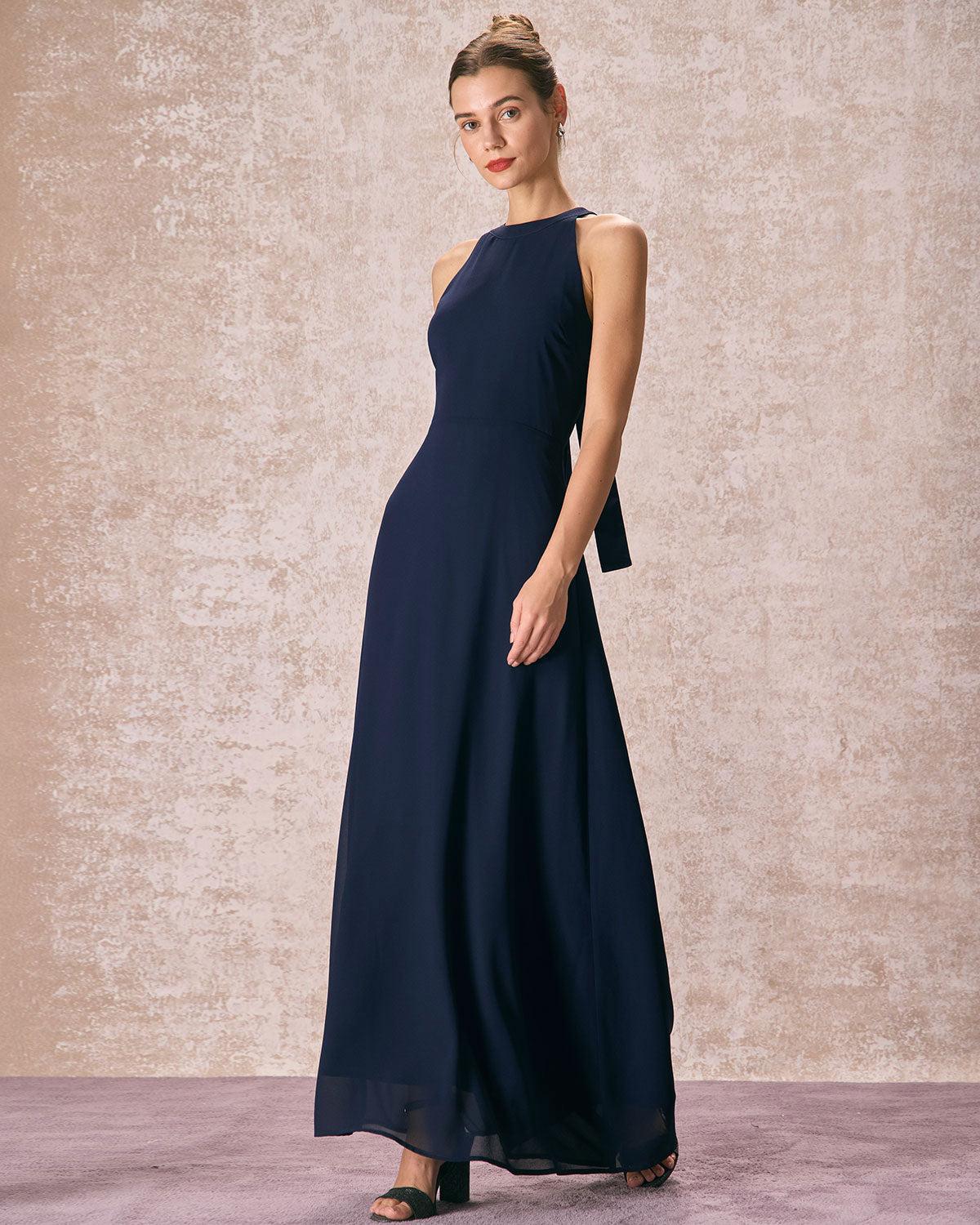 The Navy Halter Bowknot Back Maxi Dress Product Image